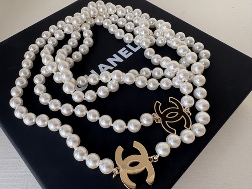 CHANEL Oro Ferramenta Perla Irregolare Lunga CCB Collana Maglione Catena 24B