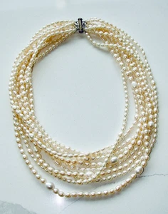 COLLAR DECLARACIÓN MULTI 4-11mm PERLA CULTIVADA 9 Hilos Plata de Ley 19" - Imagen 1 de 8