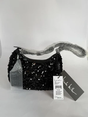 Nicole Miller SEQUIN MINI HANDBAG Black Buckle Shoulder Purse Zip Evening Bag - Image 1 of 4