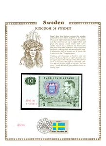 Sweden 10 Kronor 1980 P-52e UNC w/FDI UN FLAG STAMP Serie BA F660808 - Picture 1 of 3