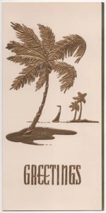 Tarjeta de felicitación de Navidad vintage de mediados de siglo con palmeras velero dorado en relieve - Imagen 1 de 3