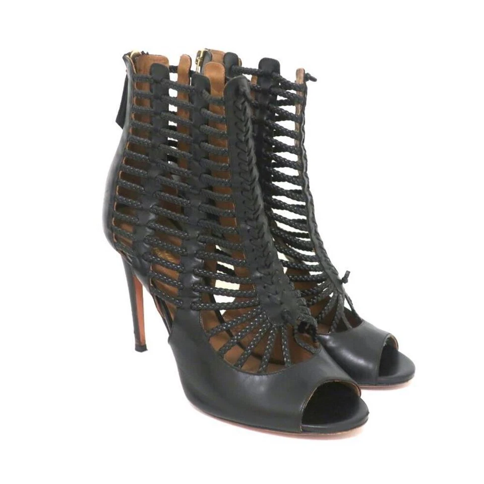 Aquazzura Cage Botas Venus Negro Cuero Trenzado Talla 39 Punta Abierta Botines Foto 1 de 4