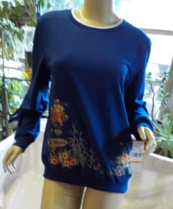Alfred Dunner Scarecrow Border Top Size S NWT Blue Embroidered Silver Brads Crew - Picture 1 of 12