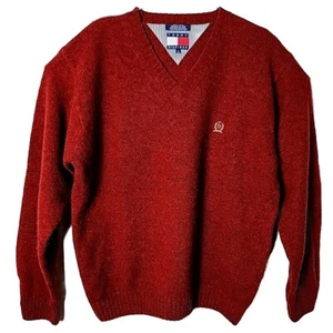 Tommy Hilfiger Men L V-neck Wool Pullover Red Fleece Sweater - Picture 1 of 5