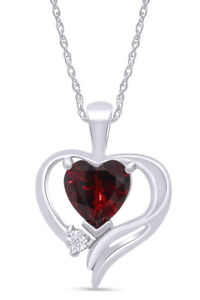 Heart Pendant 18"Necklace Simulated Garnet & Natural Diamond in 10k White Gold