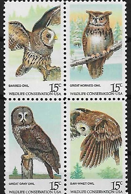 US American Owls 15c Stamp Block of 4 Scott #1760 - #1763 - Image 1 of 1