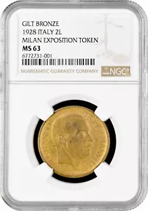Italia 2 liras 1928, NGC MS63, "1928 Milán Exposition Token" - Imagen 1 de 2