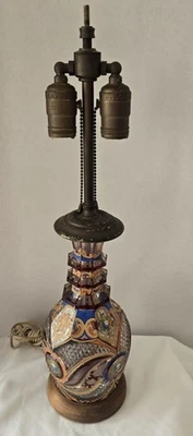 Antique Bohemian Art Glass Lamp, Wood Base - Image 1 of 4