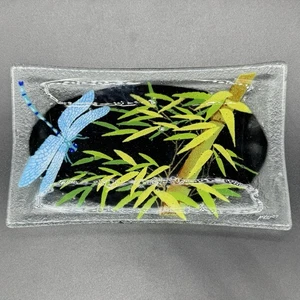 Peggy Karr Glass Dragonfly Bamboo Platter Signed 10”x 6” - Picture 1 of 7