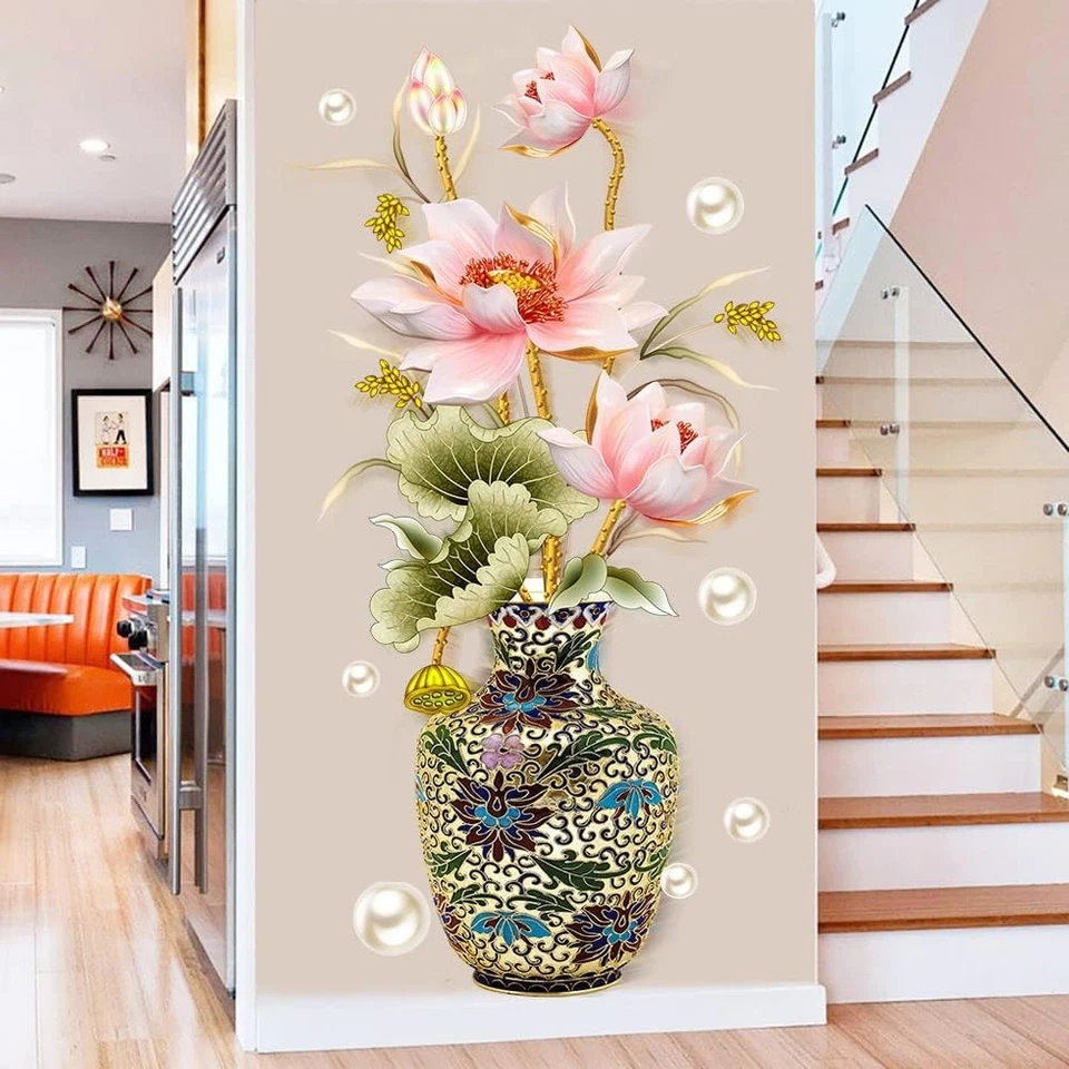 Chinese Style Lotus Flower Classical Vase Wall Sticker Pearl Living Room Art ...