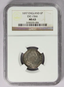 1697 NGC-MS63 England 6P ESC-1566 - Picture 1 of 4