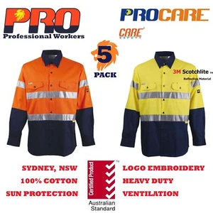 5 pack Hi Vis Work Shirt No vents cotton drill 3M reflective Tape long sleeves - Picture 1 of 6