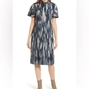 Nordstrom SHORT SLEEVE PLEAT SHIFT DRESS IN BLACK- BLUE BRUSH STRIPE M - Picture 1 of 9