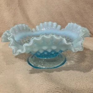 Fenton Opalescent Turquoise Blue Dish Hobnail Ruffled Footed Edge - Picture 1 of 14