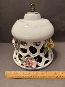 CAPODIMONTE M. MORETTO SIGNED ROSE FLOWER PORCELAIN PENDANT LIGHT LAMP SHADE - Picture 1 of 8