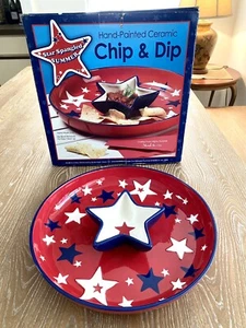 Chip And Dip Serving Dish Bowl Hand Painted Red White And Blue Stars New! - Picture 1 of 12