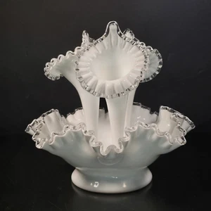 VGT Fenton Milk Glass Silver Crest 3 Horn 4-Pc Epergne Centerpiece Flower Vase - Picture 1 of 7