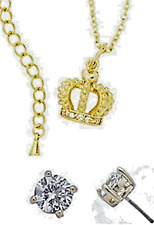 Crown pendant earring 2 pc set adjustable CZ chain yellow gold 24kt necklace NEW