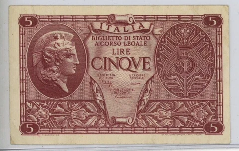 1944 Italy 5 Lire **NICE!** FREE SHIPPING! 3042 Cover