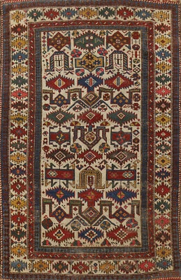 Pre-1900 Hand-made Antique Ivory Wool Vegetable Dye Kazak Oriental Rug 3x5 - Image 1 of 4