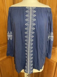 Chaps Ralph Lauren Women’s Blue Off Shoulder Embroidered Blue Top L Peasant - Picture 1 of 11