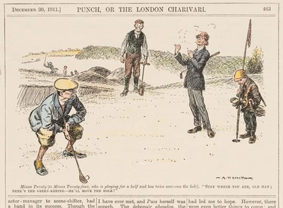 A. SMITH (1899-1930), Humorvolle Golfszene,  1911, Holzstich Jugendstil Karikatu - Bild 1 von 4