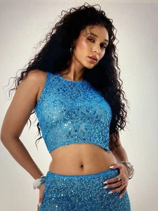 Sexy Sequin Blue Crop Top Rave Festival Size M Medium - Picture 1 of 5