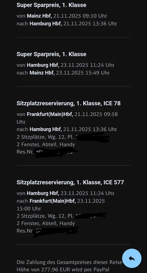 2×ICE Tickets MZ Mit Zwischenhalt FFM Nach HH 1. Klasse Hin U. Zurück 21-23.11 - Bild 1 von 1