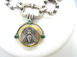 RARE GURHAN BEE DEER STERLING SILVER EMERALD YELLOW GOLD LINK 37.2 GRAM BRACELET - Picture 1 of 10
