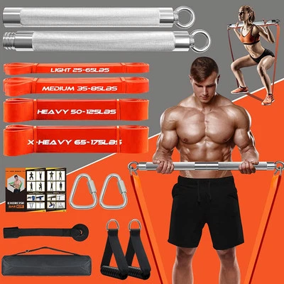 Portable Extra Heavy Home Gym Resistance Band Bar Set with 4 Silver, Orange  - Image 1 of 4