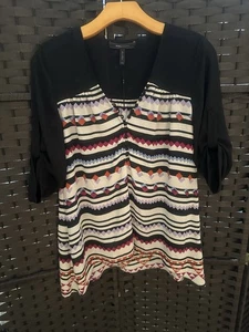 BCBG Maxazria Blouse Black Multicolor Geometric Pattern  XXS Worn Once! - Picture 1 of 15