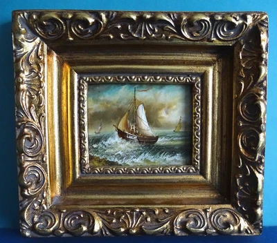 Miniatur Öl Gemälde Ölbild MaritimBild "Segelboot" Holzrahmen in gold - Bild 1 von 3