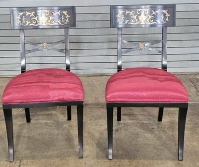 Pair of Baker Furniture Regency Style Ebonized Klismos Chairs Silk Moire Fabric - Image 1 of 4