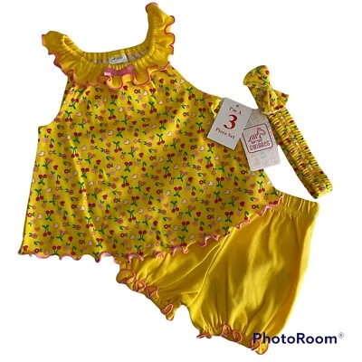 Swiggies 3 pc  Shorts Top Headband Girls Size 0 - 3 Months Floral Yellow NWT - Image 1 of 4