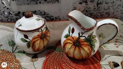 Maxcera JUEGO DE CREMA Y AZUCARERO CUBIERTO Acción de Gracias PUMPKIN VID 3 piezas NUEVO Foto 1 de 4