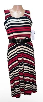 SIGNATURE BELTED STRIPED DRESS SCOOP NECK WOMENS CASUAL SLEEVELESS SIZE PLARGE - Image 1 of 4