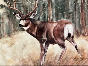 Marjorie Harper, "Montana Muley" Elk in Field 1990 Limited Edition Print Framed - Picture 1 of 5