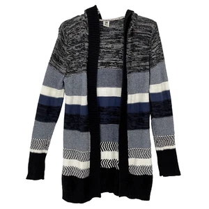 Roxy Hooded Cardigan Open Sweater Womens Size M Navy Blue Black Striped Y2K Long - Picture 1 of 10