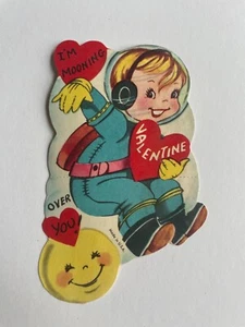 Tarjeta de San Valentín Astronaut Space Mooning Over You de colección años 50/60 sin usar nueva en stock - Imagen 1 de 3