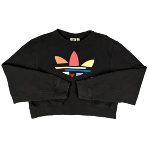 Adidas Cropped Sweat Shirt Medium Women's Black Colorful Trefoil Pullover Knit - Picture 1 of 8