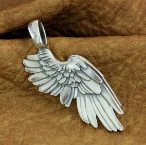 925 Sterling Silver 2-Sides Angel Wing Pendant Mens Punk Jewellery TA212B BZ - Picture 1 of 12