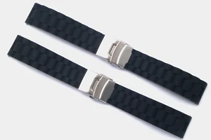 2x 20mm Black Rubber Replacement Men's Watch Band Silver Deployment Clasp Buckle - Picture 1 of 5