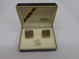 Swank Gold Toned Square Etched Cuff Link & Tie Tac Set w/ Original Box #42w - Picture 1 of 6
