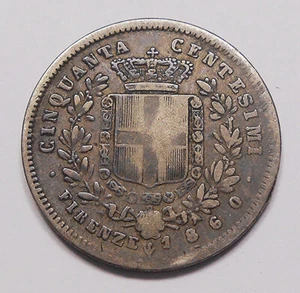 Italy - Emilia 1860 G SILVER 50 Centesimi F-VF RARE Type Emanuele II States Coin - Picture 1 of 2
