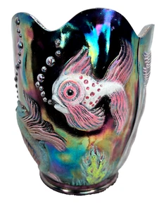 FENTON Koi Fish ATLANTIS Carnival Vase Hand Painted by Lisa Van Es - OOAK - Picture 1 of 9