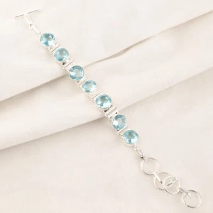 Natural Sky Blue Topaz Gemstone 925 Sterling Silver Handcrafted Chain Bracelet9" - Picture 1 of 8