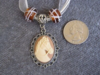 Horse Necklace Cameo Pendant with Amber Glass Bead Ribbon Necklace Handmade OOAK - Image 1 of 4