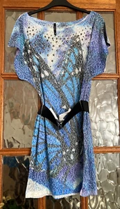 VGC Ladies BERSHKA Fossil GREY BLUE Mix All Over Print Black Belted Dress Top S - Picture 1 of 8