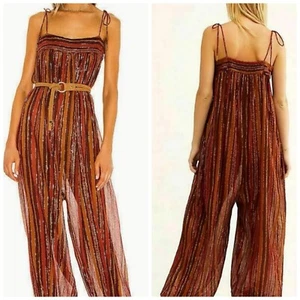 NWT FREE PEOPLE Sz S Lurex Sheer Harem Jumpsuit Sleeveless Tie Straps - Picture 1 of 20