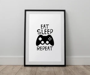 Insegna Eat Sleep Game Repeat stampa A4 monocromatica decorazione gioco stampa parete sala giochi - Foto 1 di 2